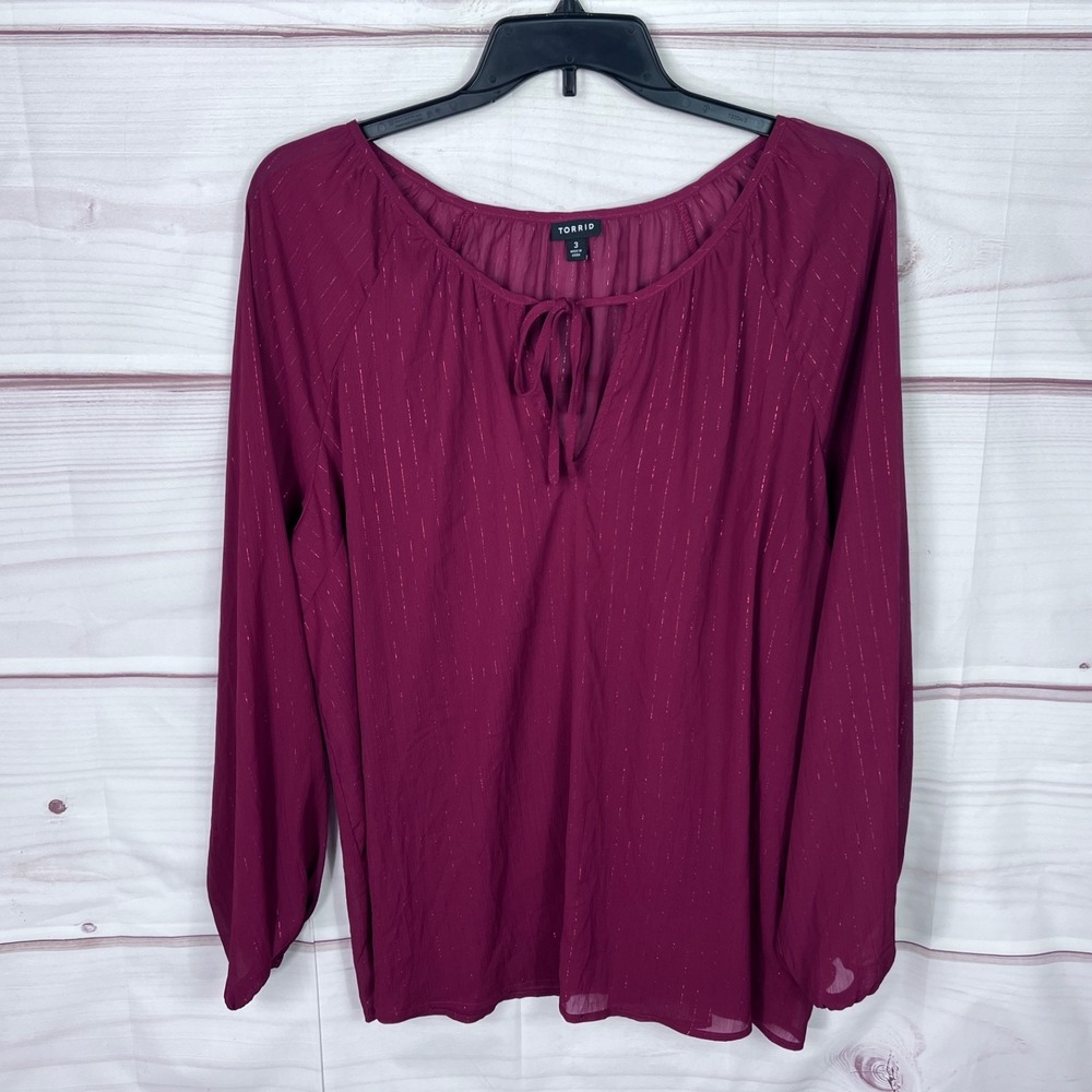 Torrid Top Women 3 3X Red Chiffon Blouse Glitter Semi Sheer Long Sleeve Pullover